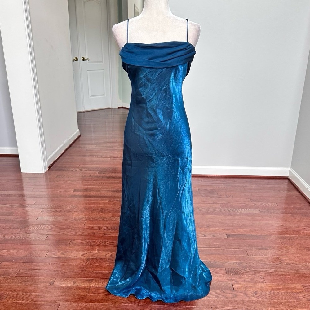 Betsy & Adam Blue Metallic Iridescent Cowl Neck Feminine Gown Dress Size 8p